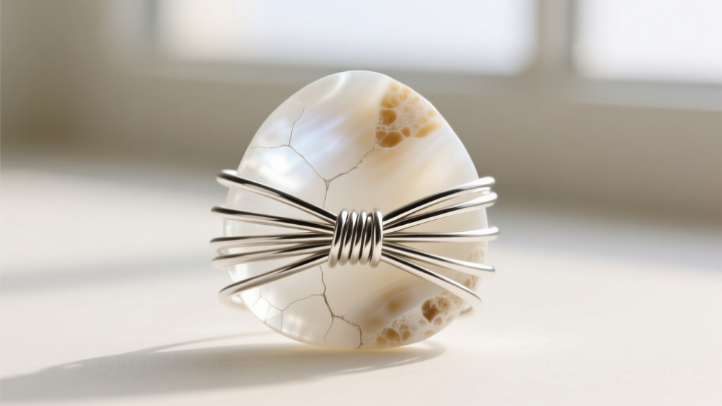 Macro shot of 20-gauge sterling silver wire woven around white sea glass, showing precise loop tension and a polished metal finish.