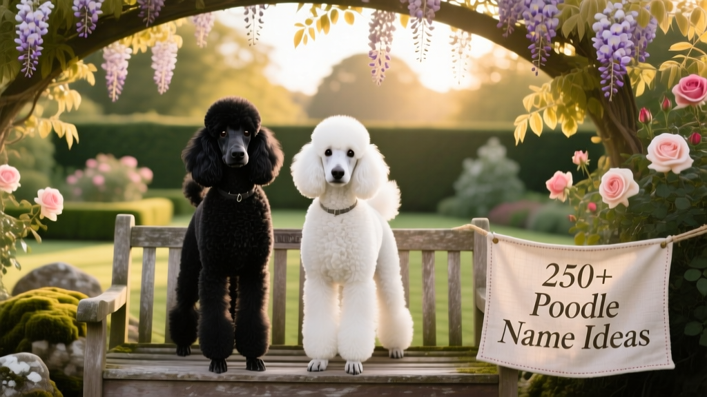 Two elegant Poodles side by side — one black, one white — posed gracefully on a garden bench