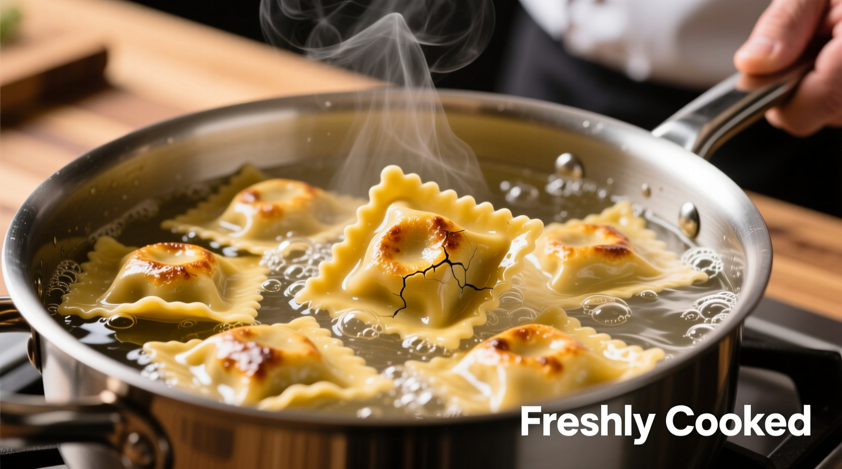 Perfectly cooked golden ravioli in boiling water
