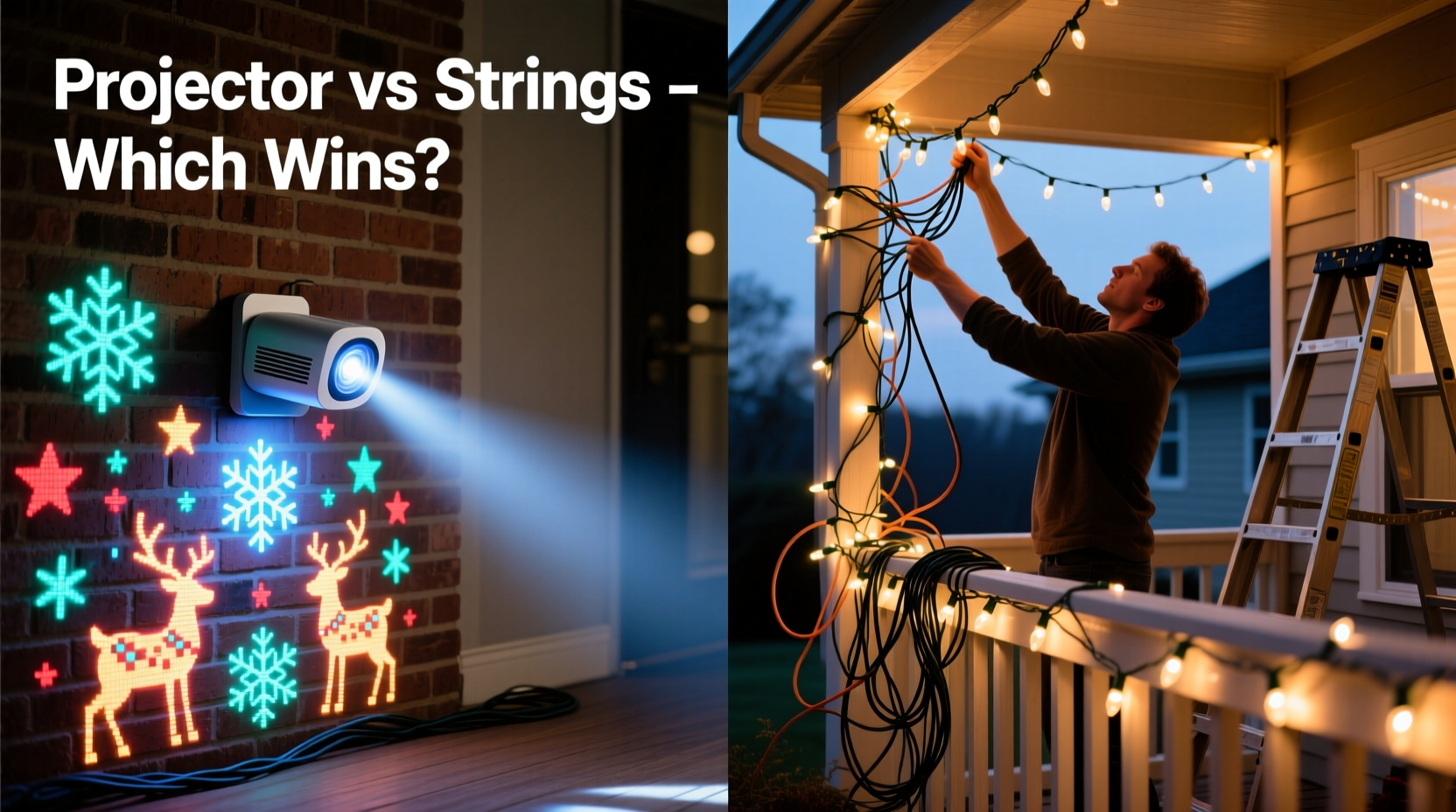 christmas light projectors vs physical strings is one truly easier to install