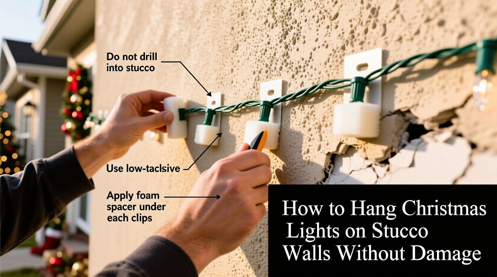 how to hang christmas lights on stucco walls without causing cracks or damage