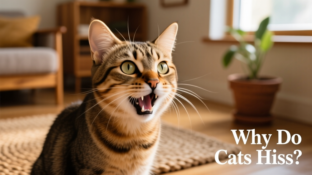 Close-up of a cat mid-hiss, ears flattened and eyes wide, showing defensive body language
