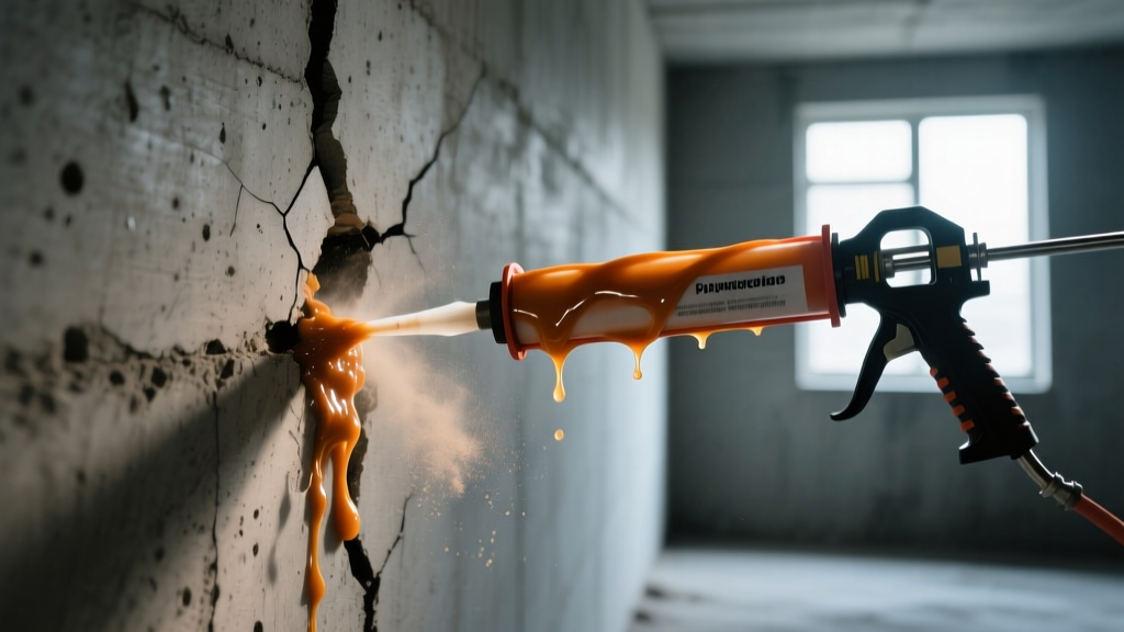 Close-up of weeping concrete wall crack being injected with expanding polyurethane resin from a dual-cartridge caulking gun in a dim basement