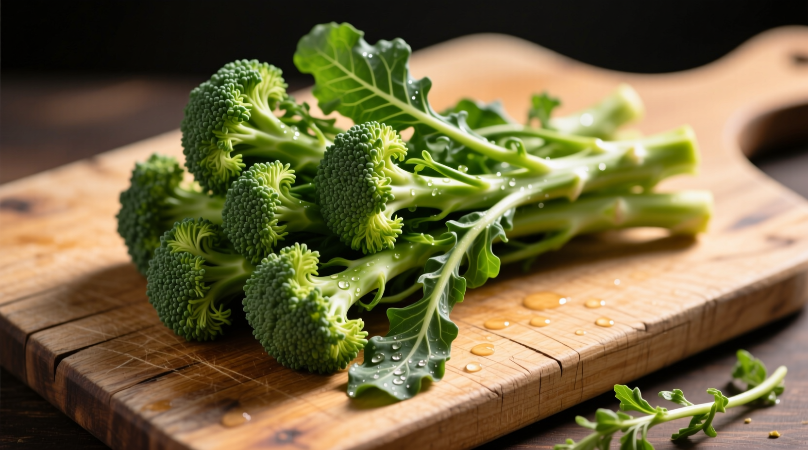 Fresh broccoli rapini on wooden cutting board