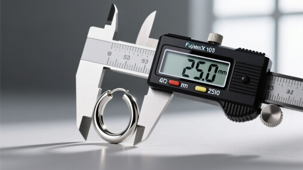 Close-up of a digital caliper measuring the inner diameter of a 25mm silver cartilage hoop earring on a soft grey background.