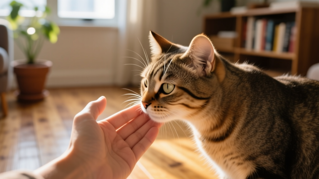 Close-up of a cat gently pressing its forehead against a person's hand