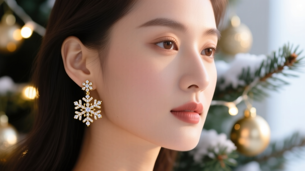 Close-up of a woman wearing gold snowflake stud earrings with pave crystals against a blurred festive holiday backdrop