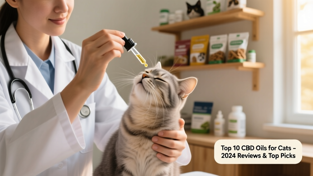 Veterinarian gently holding a cat while demonstrating proper CBD oil administration using a dropper near the cat's mouth