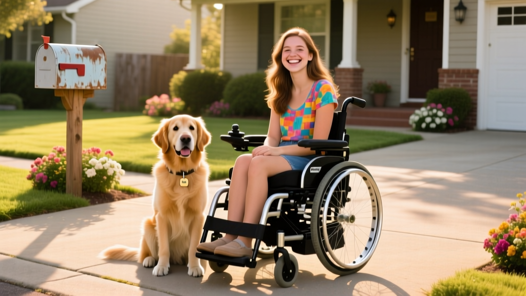 Brooke smiling beside her power wheelchair, with Dray sitting calmly at her side in a suburban driveway