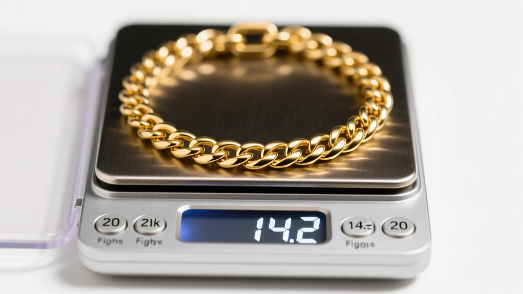 Close-up of a solid 14k yellow gold 20-inch Figaro chain on a digital scale showing 14.2 grams under bright studio lighting