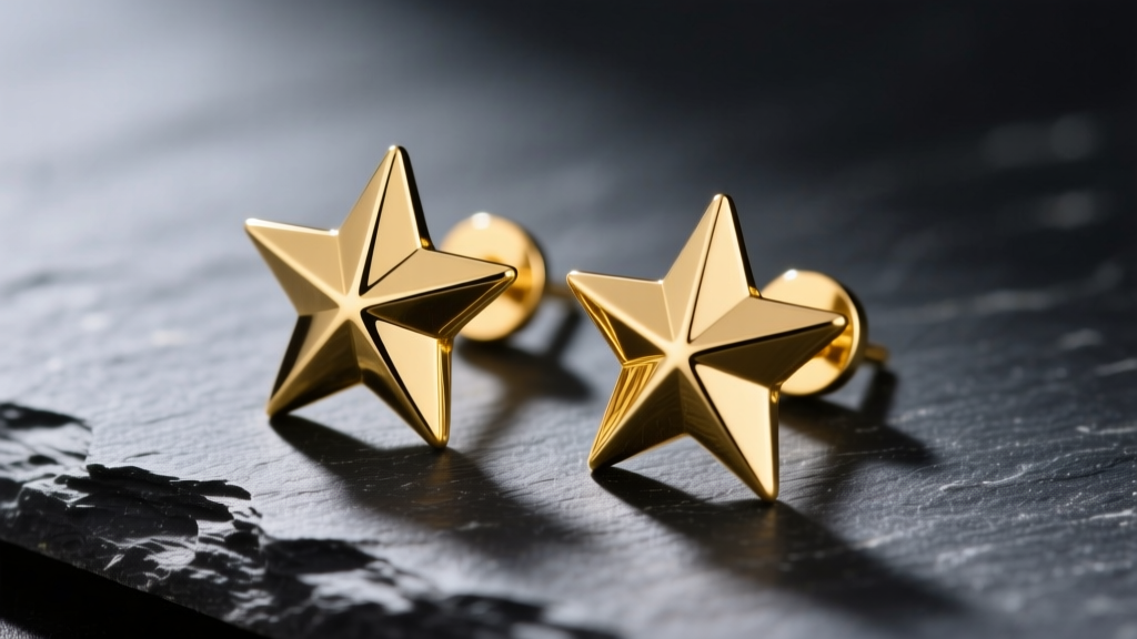 Close-up of 14k solid yellow gold star stud earrings resting on dark slate, highlighting sharp points and high-polish finish.