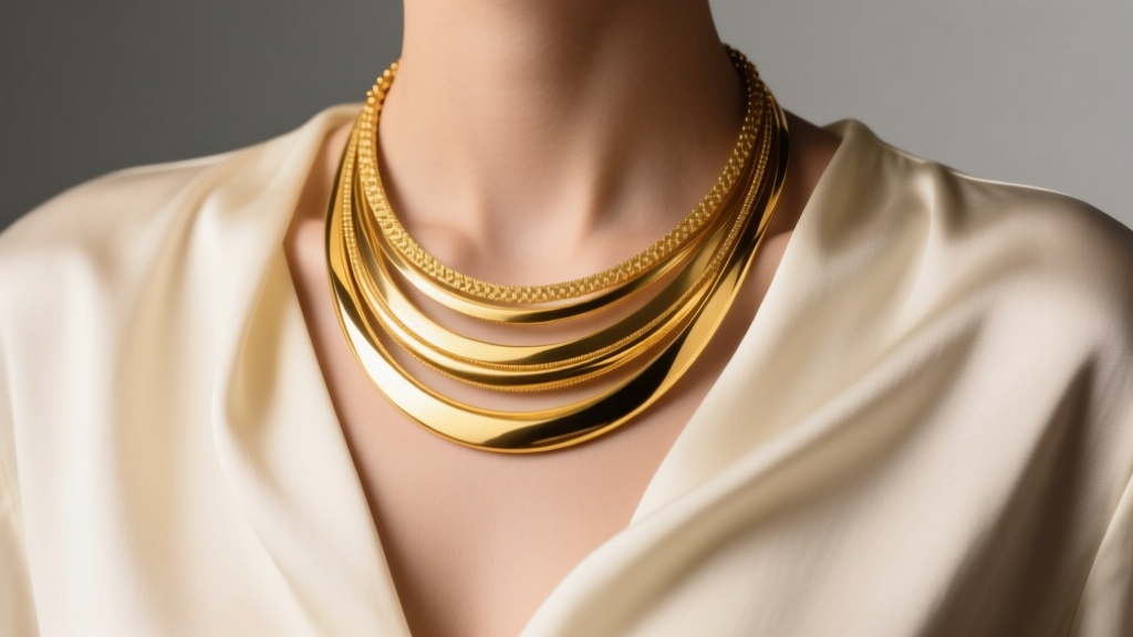 Close-up of a layered 18kgp necklace set over a silk blouse, highlighting the rich yellow gold tone against soft studio lighting.