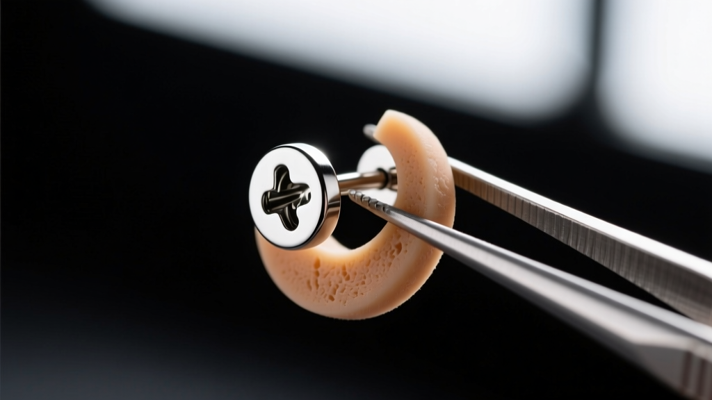 Macro view of a titanium screw-back compression earring with a silicone pad, held by tweezers against a dark blurred backdrop.