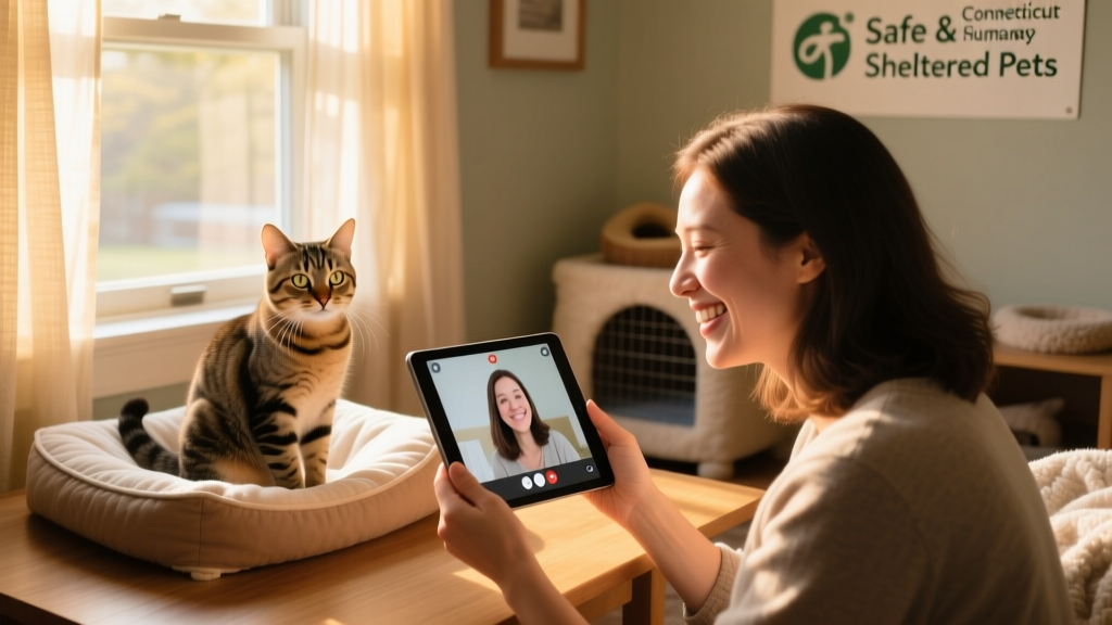 A gentle video call on a tablet showing a smiling woman reconnecting with her cat in foster care