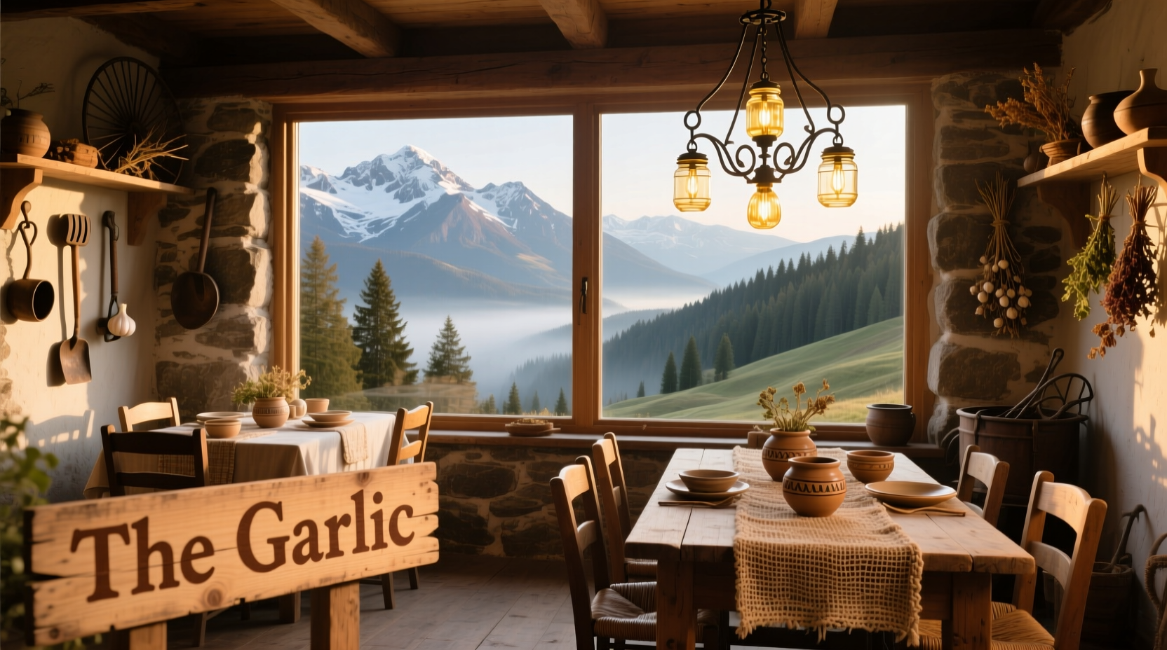 Rustic dining area with mountain views at The Garlic