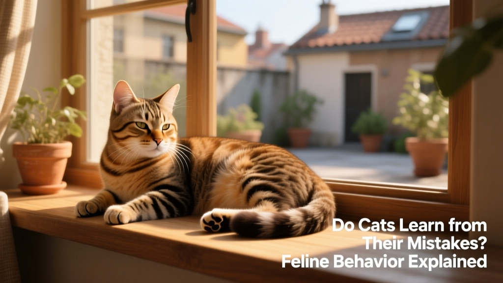 A relaxed cat lounging in a sunlit window perch, tail curled peacefully