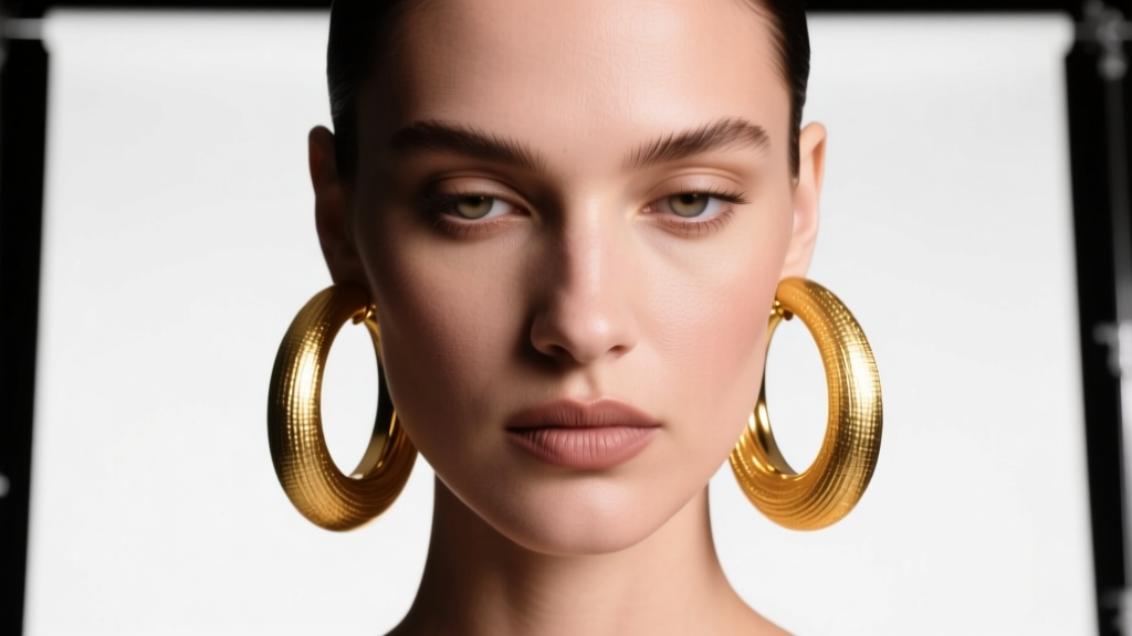 Fashion model wearing a 100mm brushed gold oversized earrings hoop, studio lighting highlighting metallic texture and jawline.