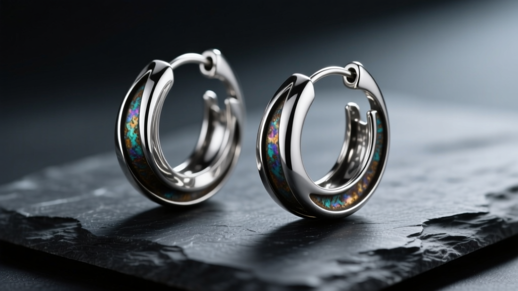 Macro shot of heavy oxidized 925 sterling silver chunky hoop earrings resting on dark slate under moody directional studio lighting