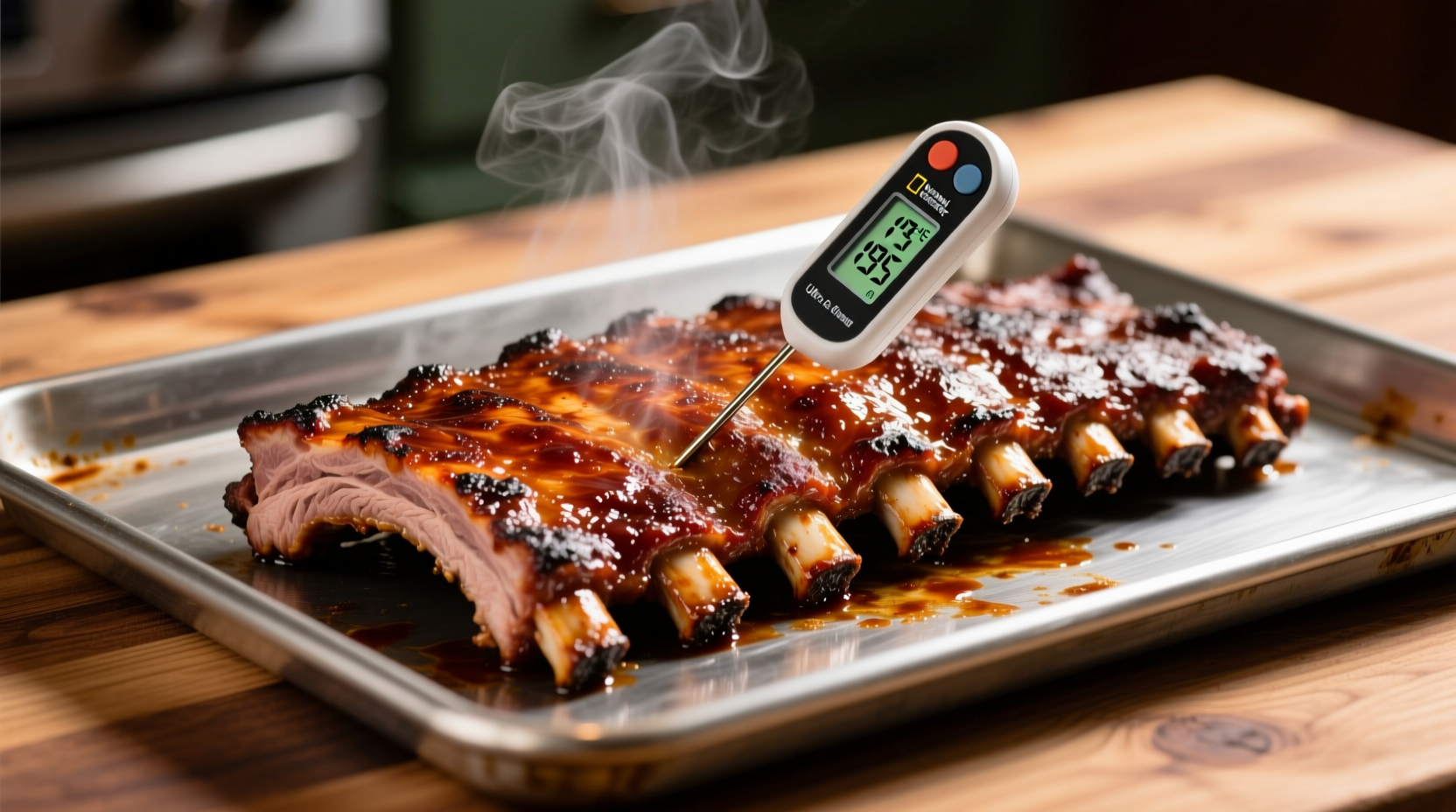 Perfectly cooked oven ribs on baking sheet with thermometer
