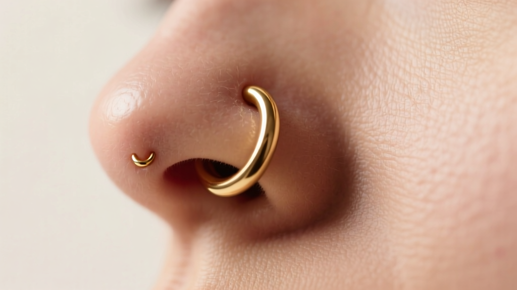 Close-up of a fitted 16-gauge gold nostril hoop hugging a healed nose piercing curve, illuminated by soft warm studio lighting.