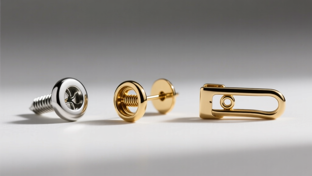 Macro shot comparing three earring findings: a silver screw-back, a gold spring-loaded invisible clip, and a hinged paddle clasp.
