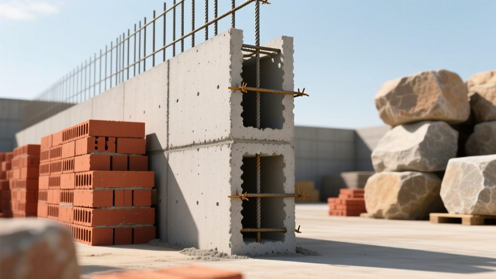 Cross-section of reinforced CMU wall with rebar next to stacked red clay bricks and natural stone blocks in a supply yard