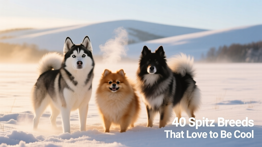 A group of diverse spitz-type dogs—Husky, Pomeranian, and Keeshond—standing together in a snowy field