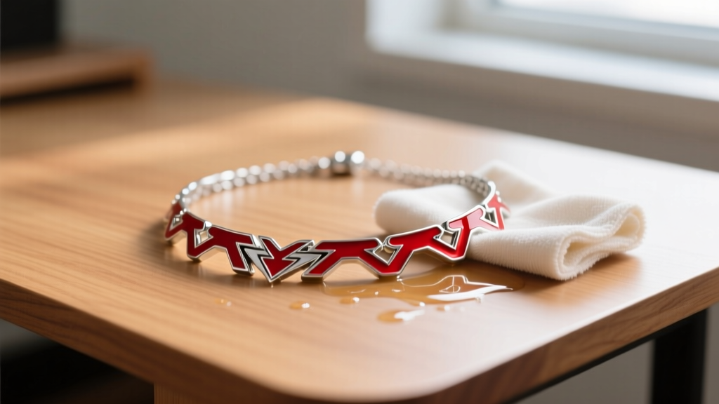 A soft microfiber cloth and mild dish soap solution being used to gently clean a silver and red enamel gamer necklace on a wooden desk