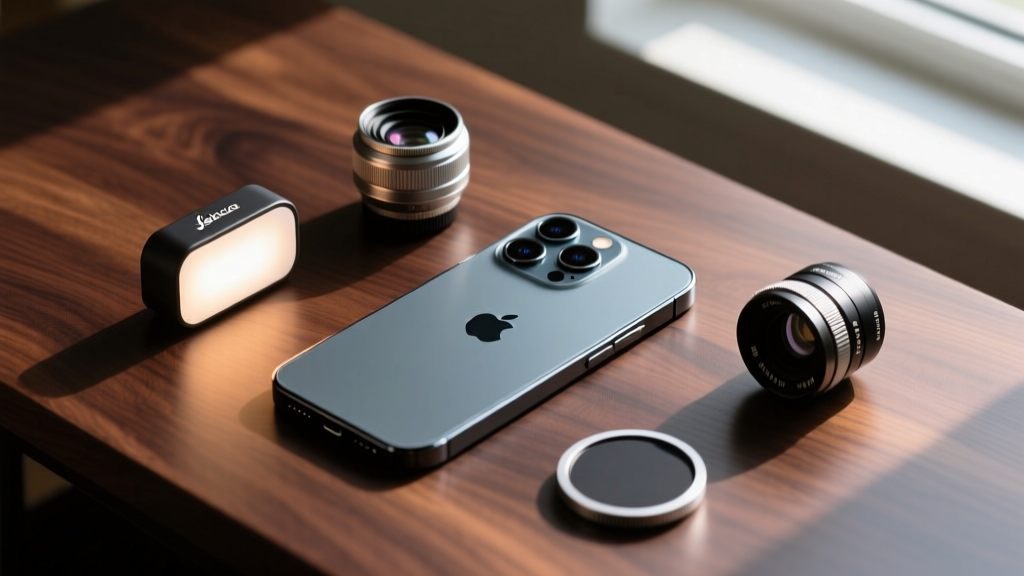 Flat lay of iPhone 16 Pro Max surrounded by budget camera gadgets including pocket RGB light, macro lens, and magnetic ND filter on dark wood