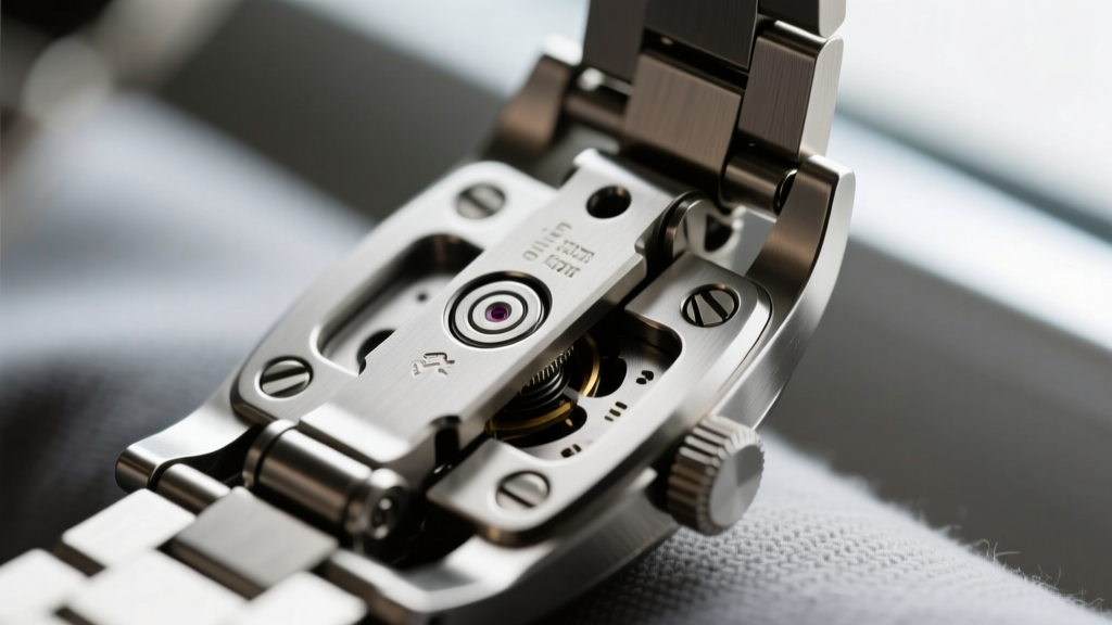 Close-up of a steel clicker hinge mechanism on a small men's hoop earring, showing the interlocking clasp detail in sharp focus