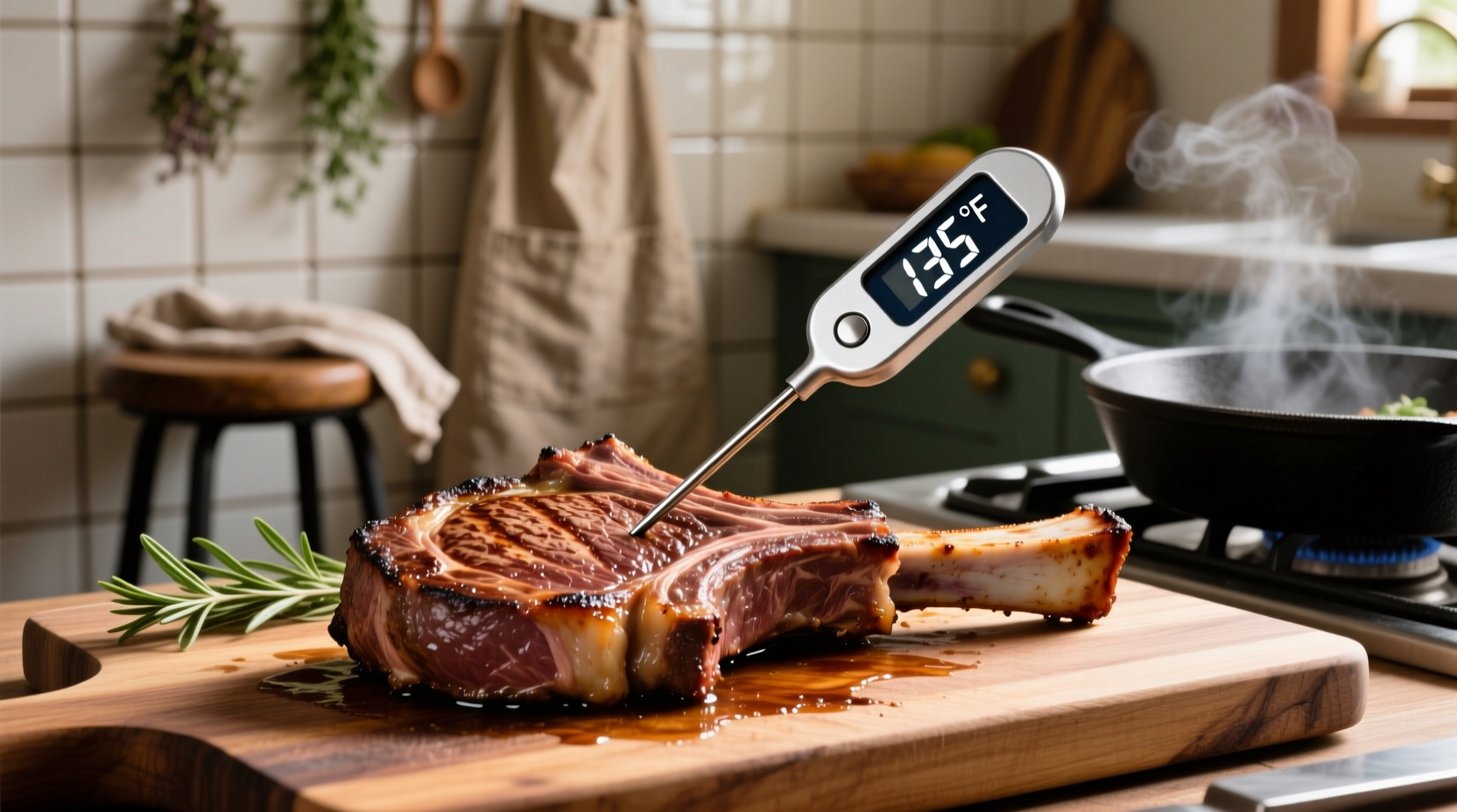 Lamb chop with meat thermometer showing 135 degrees