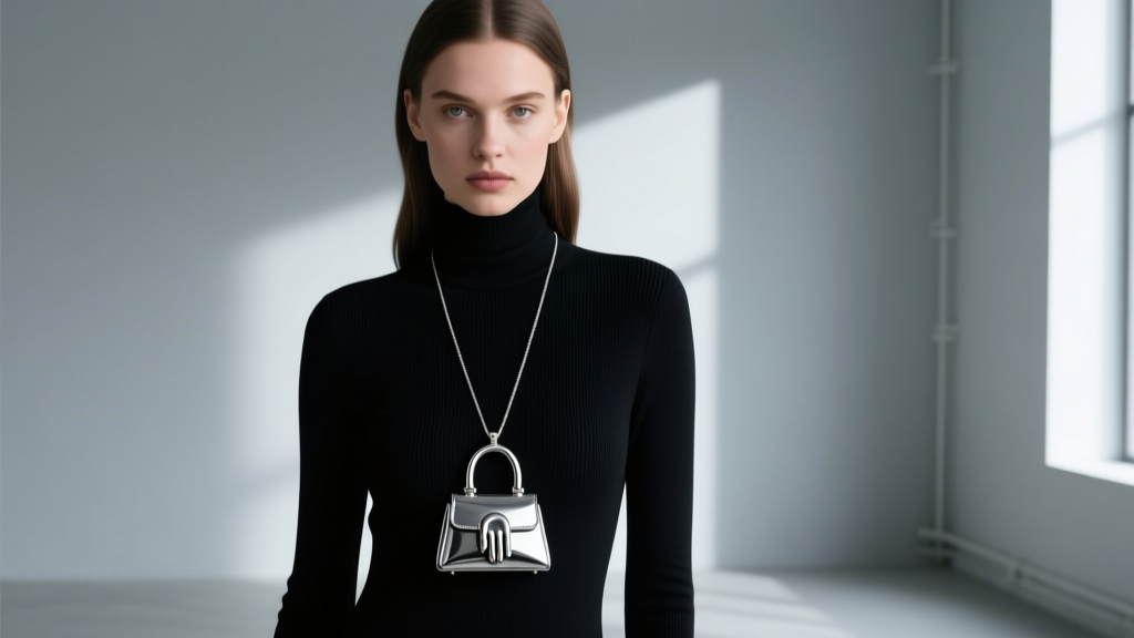 Editorial shot of a woman wearing a silver handbag necklace over a black turtleneck, pendant resting gently on her collarbone
