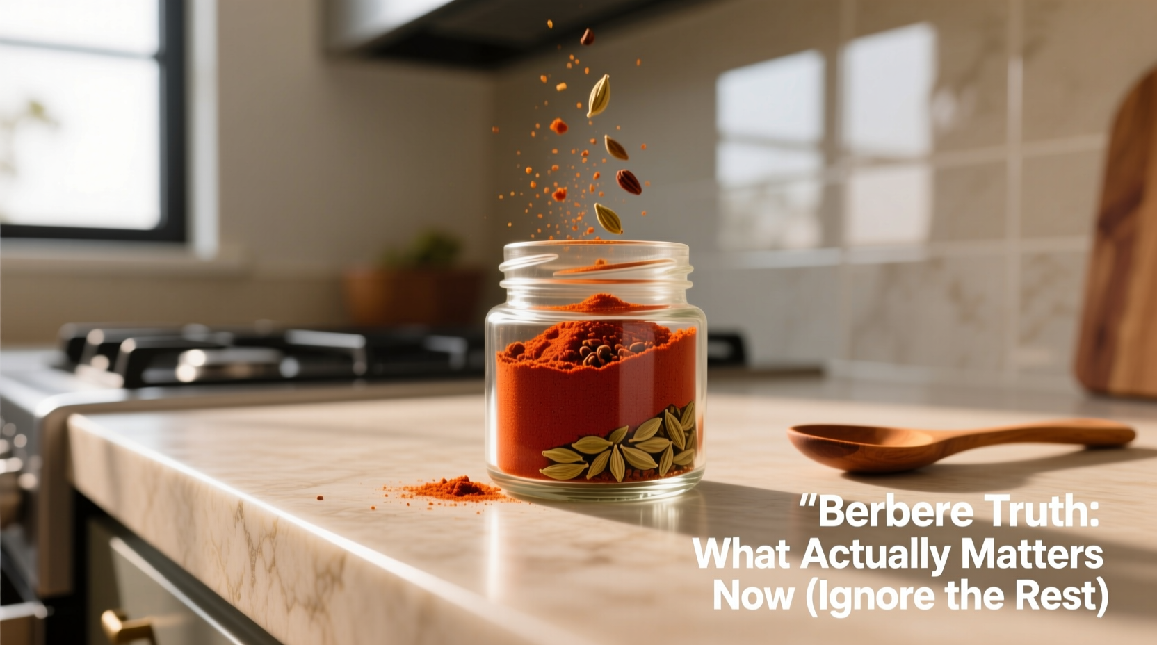 Close-up of simplified berbere spice mix in mortar with chili flakes, fenugreek, and cardamom pods