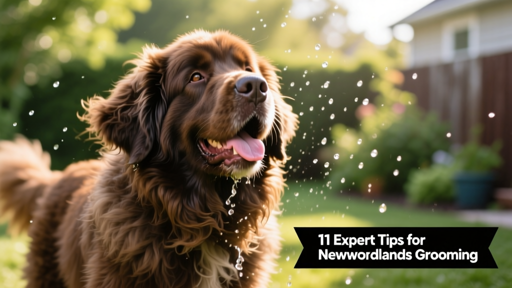 Happy Newfoundland shaking off water after a bath, with a fluffy, gleaming coat and relaxed expression