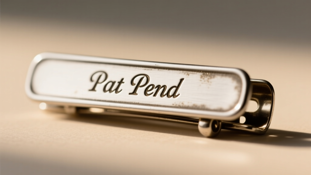 Silver-toned vintage 1930s dress clip showing the words Pat Pend clearly stamped on the flat back of the metal finding piece