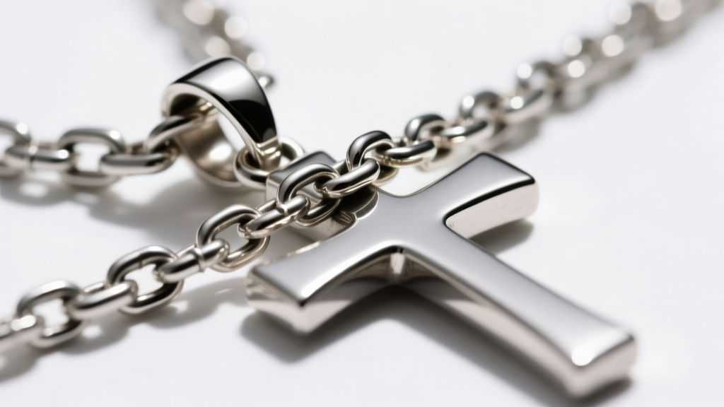 Macro shot of a 4mm stainless steel Cuban link chain threading through the large 8mm bail of a heavy silver big cross pendant