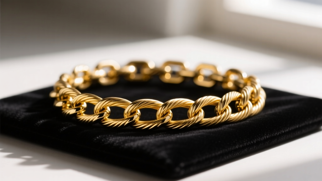 Macro shot of a 1.5mm 14k yellow gold cable chain link structure, showing laser-welded joints and high-polish finish on a dark velvet pad.