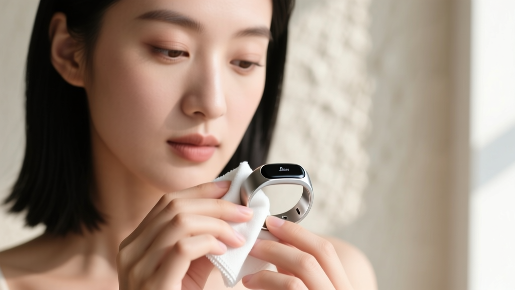 Woman gently wiping a smart sleep tracking ring with a microfiber cloth, demonstrating proper maintenance for wearable tech.