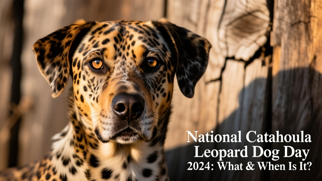 A close-up portrait of a Catahoula Leopard Dog showing its expressive eyes, unique marbled coat, and strong, alert expression against a rustic wooden background
