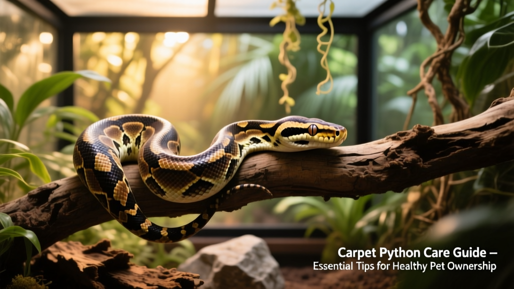 A healthy adult carpet python coiled on a naturalistic branch inside a tall, well-decorated enclosure