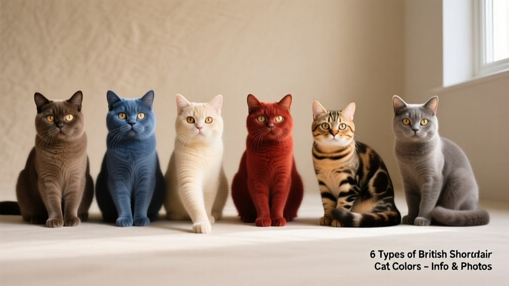 Side-by-side comparison of six British Shorthair cats in different coat colors, posed on a neutral background