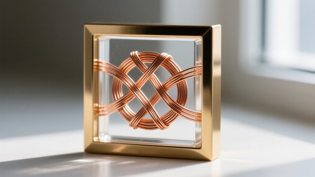Macro photo of 28-gauge copper wire weave embedded in clear UV resin inside a geometric brass bezel frame with soft lighting.