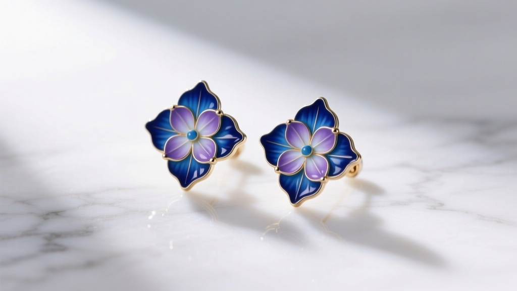 Close-up of blue and purple enamel hydrangea drop earrings resting on white marble, illuminated by soft natural light