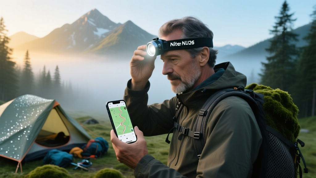 Backpacker adjusting a Nitecore NU25 UL headlamp while checking a digital trail map on a smartphone at a misty alpine campsite at dawn