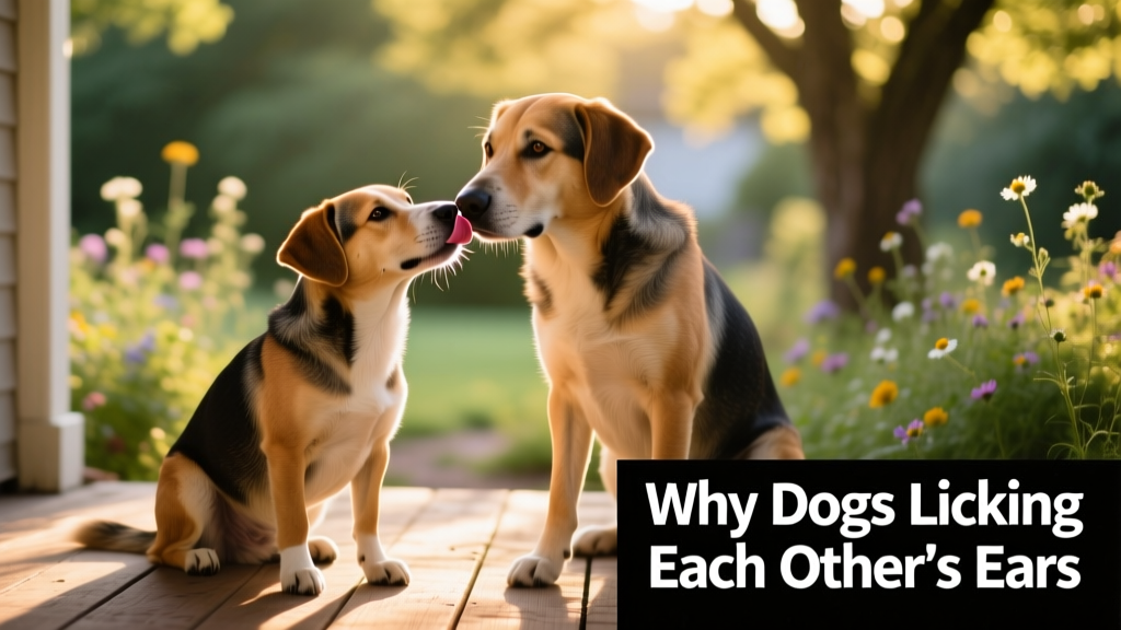 A calm dog gently licking the side of another dog's head