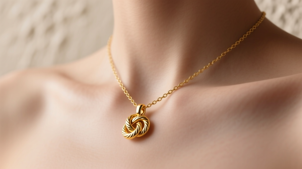 Close-up of a delicate 14k solid gold wish necklace pendant featuring a subtle hammered knot texture resting on collarbone