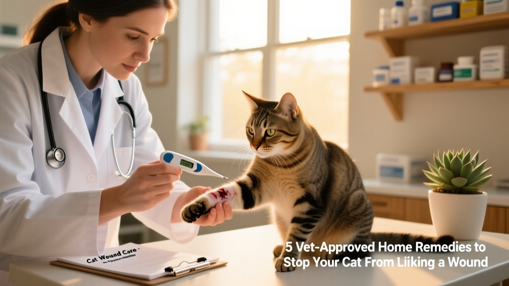 Veterinarian gently examining a cat’s forelimb wound while holding a digital thermometer and notepad