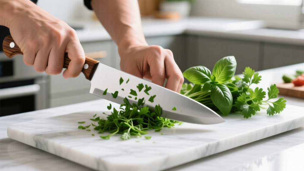 Hands chopping fresh basil and parsley on a marble cutting board using a single-blade stainless steel mezzaluna with wooden handles
