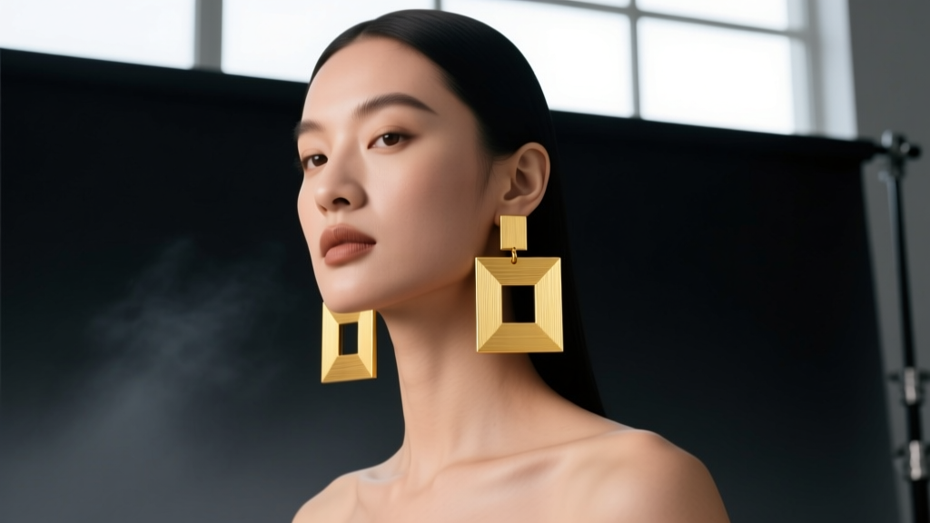 Model wearing oversized 14k yellow gold dangle square earrings with a matte brushed finish against a dark, moody studio backdrop
