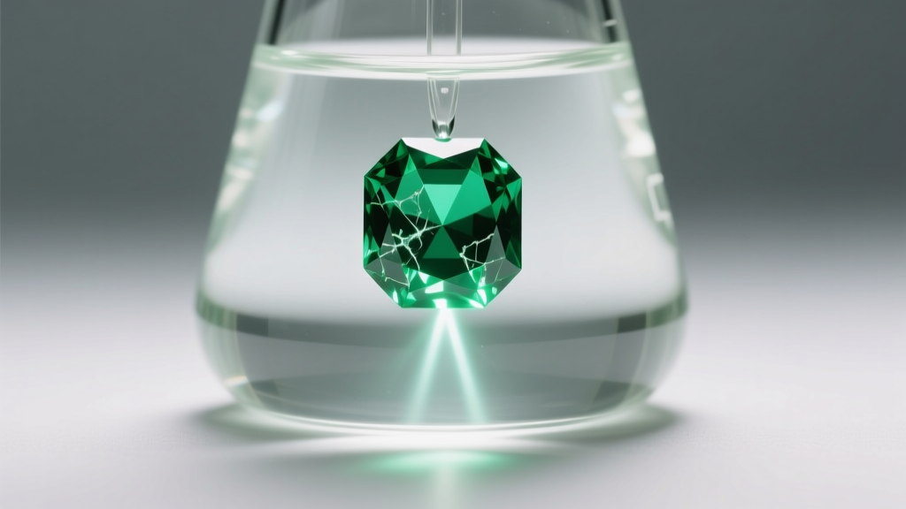 Emerald gemstone submerged in clear liquid in a beaker, illuminated from below to reveal internal inclusions and clarity oils.